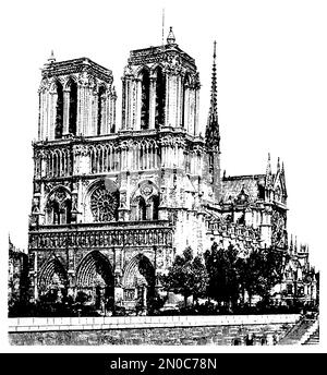 Gravure antique de notre Dame de Paris datant du 19th siècle à Paris, France (isolée sur blanc). Publié dans Systematischer Bilder-Atlas zum conversations Banque D'Images