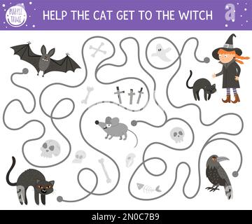 Labyrinthe d'Halloween pour les enfants. Activité éducative imprimable d'automne. Drôle de jour du jeu mort ou puzzle avec chaton noir, chauve-souris. Aide Illustration de Vecteur