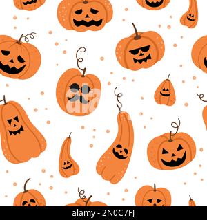 Motif vectoriel sans couture avec Jack-o-lanternes. Arrière-plan de fête d'Halloween avec lanternes de citrouille drôles. Papier numérique effrayant pour la fête de Samhain d'automne. Al Illustration de Vecteur