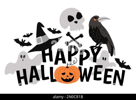 Composition vectorielle Halloween avec texte, fantôme, corbeau, crâne, chapeau de sorcière, chauves-souris. Drôle automne design de fond de vacances pour des bannières, des affiches, des invitations Illustration de Vecteur