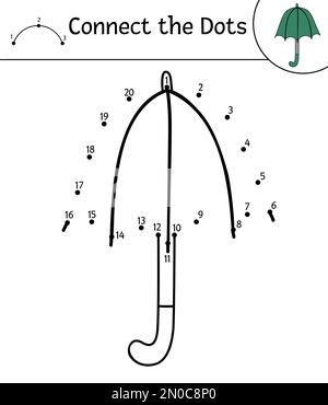 Activité vectorielle d'automne point à point et couleur avec un joli parapluie. La saison d'automne connecte le jeu de points. Page de coloriage amusante pour les enfants avec écran de protection contre la pluie. Illustration de Vecteur