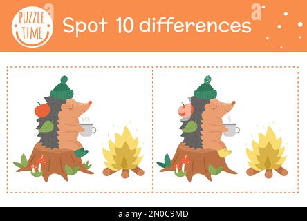 Automne trouver des différences jeu pour les enfants. Activité éducative de la saison d'automne avec un hérisson assis dans une souche près du feu. Feuille de travail imprimable avec f Illustration de Vecteur