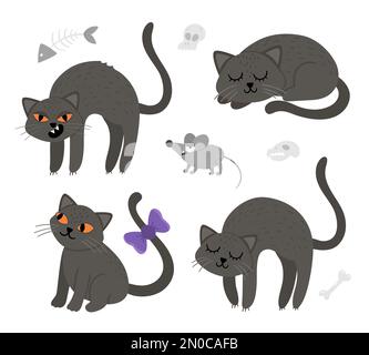 Ensemble de jolis chats noirs vectoriels et souris. Collection d'icônes de personnages d'Halloween. Automne drôle tous les saints sont une illustration avec des animaux effrayants, des chabots, b Illustration de Vecteur