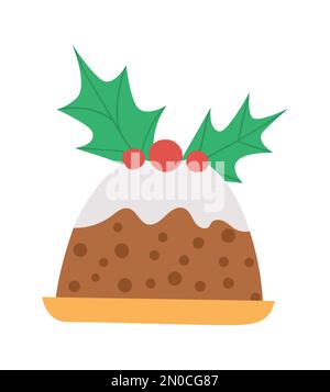 Pouding de Noël vectoriel avec des feuilles saintes et des baies rouges isolées sur fond blanc. Jolie illustration amusante de la pâtisserie du nouvel an. Hiver traditionnel Illustration de Vecteur