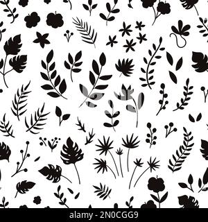 Motif tropical vectoriel sans couture avec fleurs, feuilles et silhouettes. Feuillage de la jungle et fond floral. Papier numérique aux plantes exotiques. Illustration de Vecteur