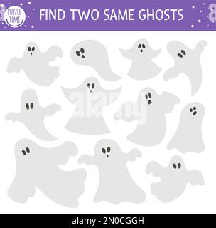 Rechercher deux fantômes identiques. Activité d'Halloween pour les enfants. Questionnaire logique amusant pour les enfants à l'automne. Jeu imprimable simple avec s Illustration de Vecteur