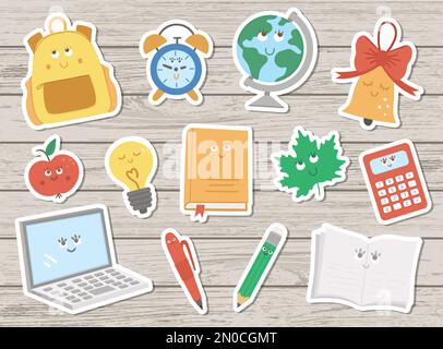 Retour à l'école kawaii vecteur sticker pack sur fond de bois. Ensemble de clipart éducatif avec de jolis objets de style plat souriant. Sac à écolier amusant, crayon Illustration de Vecteur