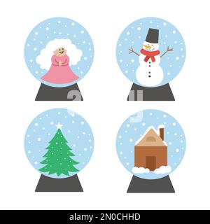 Ensemble vectoriel de globes de neige avec bonhomme de neige, ange, sapin, maison. Pack d'articles de décoration du nouvel an. Jouet d'arbre de Noël isolé sur fond blanc. Vin mignon Illustration de Vecteur