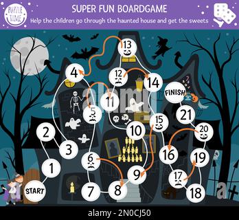 Halloween jeu de société pour les enfants avec la maison hantée et les enfants mignons. Jeu de société éducatif avec chauve-souris, squelette, fantôme. Aidez les enfants à passer Illustration de Vecteur