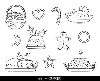 Ensemble noir et blanc vectoriel de desserts et plats de Noël traditionnels isolés sur fond blanc. Jolie ligne amusante illustration du repas du nouvel an. W Illustration de Vecteur