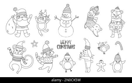 Jeu vectoriel de caractères de Noël noirs et blancs. Le Père Noël avec sac, animaux amusants, icônes de la ligne de bonhomme de neige isolées sur fond blanc. Un hiver mignon Illustration de Vecteur