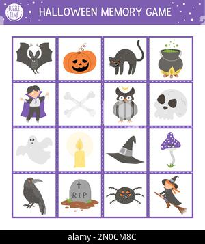 Cartes de jeu mémoire d'Halloween avec symboles de vacances traditionnels. Faire correspondre l'activité avec des personnages drôles. N'oubliez pas de trouver la carte photo appropriée. Simple Illustration de Vecteur