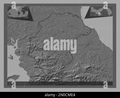 Herrera, province du Panama. Carte d'altitude à deux niveaux avec lacs et rivières. Lieux des principales villes de la région. Cartes d'emplacement auxiliaire d'angle Banque D'Images