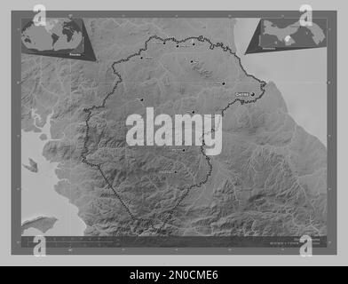 Herrera, province du Panama. Carte d'altitude en niveaux de gris avec lacs et rivières. Lieux et noms des principales villes de la région. Emplacement auxiliaire d'angle Banque D'Images