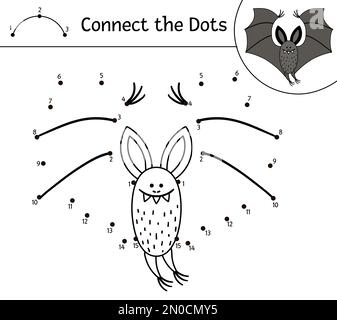 Vecteur Halloween point-à-point et activité de couleur avec chauve-souris mignonne. Vacances d'automne connecter le jeu de points. Page de coloriage drôle pour les enfants avec animal effrayant. Illustration de Vecteur