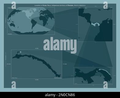 Kuna Yala, territoire autochtone du Panama. Schéma montrant l'emplacement de la région sur des cartes à plus grande échelle. Composition des cadres vectoriels et de la forme PNG Banque D'Images