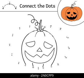 Activité vectorielle d'Halloween point à point et couleur avec une jolie lanterne de citrouille. Vacances d'automne connecter le jeu de points. Page de coloriage drôle pour les enfants avec le cric Illustration de Vecteur