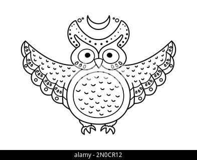 Chouette hibou vectoriel avec ailes étalées et demi-lune. Icône d'Halloween en noir et blanc. Drôle d'automne tous les saints réveillon illustration avec l'animal volant. Samhain Illustration de Vecteur