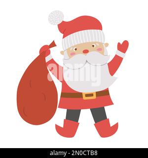 Père Noël Vector avec sac rouge. Jolie illustration hiver Père Frost isolée sur fond blanc. Drôle de personnage plat pour Noël, New Ye Illustration de Vecteur