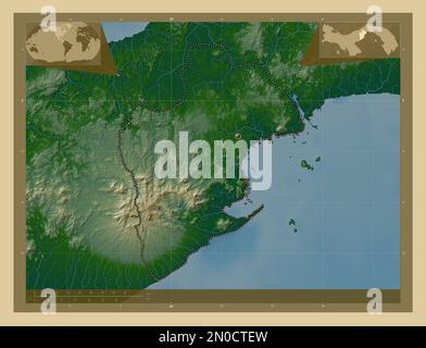 Panama Oeste, province de Panama. Carte d'altitude en couleur avec lacs et rivières. Cartes d'emplacement auxiliaire d'angle Banque D'Images