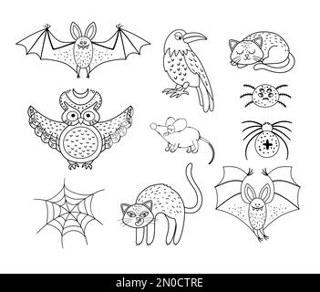 Ensemble de créatures vectorielles noir et blanc effrayantes. Collection d'icônes de personnages d'Halloween. Mignon automne tous les saints réveillon illustration avec chauve-souris, corbeau, chat, ow Illustration de Vecteur