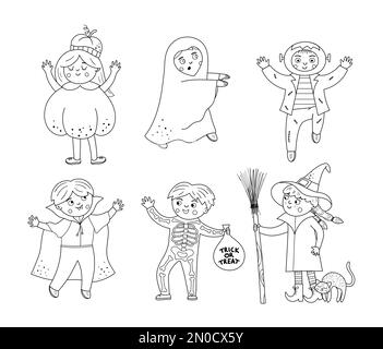 Ensemble de jolis personnages noirs et blancs d'Halloween vectoriels. Enfants dans la collection de costumes effrayants. Drôle d'automne tous les saints réveillon illustration avec vampire, Illustration de Vecteur