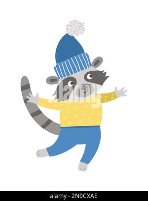 Raton laveur vectoriel en bonnet bleu et chandail jaune. Illustration adorable animal d'hiver. Motif cartes de Noël amusant. Imprimé du nouvel an avec caractère souriant Illustration de Vecteur