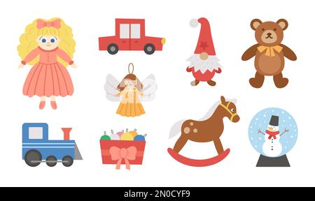 Collection de jouets de Noël mignons. Cadeaux du nouvel an Vector pour enfants. Le Père Noël présente pour les enfants. Cheval à bascule, ours en peluche, poupée, gnome, voiture, entraînez-vous Illustration de Vecteur