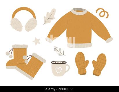 Ensemble de vêtements de couleur moutarde pour l'hiver. Collection d'articles vestimentaires vectoriels pour temps froid. Illustration plate d'un pull chaud tricoté, de couvre-oreilles, de moufles Illustration de Vecteur