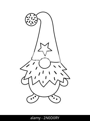 Mignon gnome de Noël scandinave noir et blanc isolé sur fond blanc. Personnage Vector New Year en casquette rouge avec barbe longue. Ligne naine amusante Illustration de Vecteur