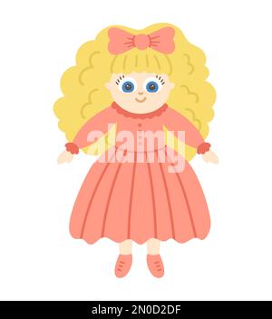 Poupée vectorielle isolée sur fond blanc. Adorable jouet fille avec cheveux blonds dans la robe rose illustration pour les enfants. Drôle de personnage souriant pour les enfants Illustration de Vecteur