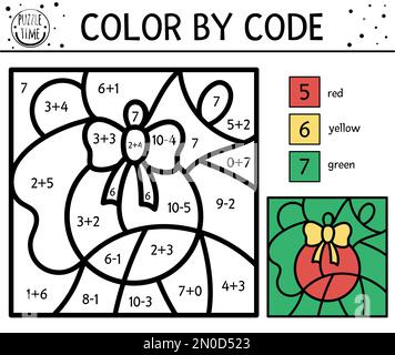 Vecteur couleur de Noël par nombre activité avec boule colorée. Jeu simple de coloriage et de comptage d'hiver avec animal mignon. Couleur drôle du nouvel an b Illustration de Vecteur