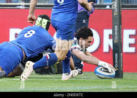 Ange Capuozzo d'Italie a fait un essai pendant les 2023 six Nations, match de rugby entre l'Italie et la France sur 5 février 2023 au Stadio Olimpico à Rome, Italie - photo Federico Proietti / DPPI Banque D'Images