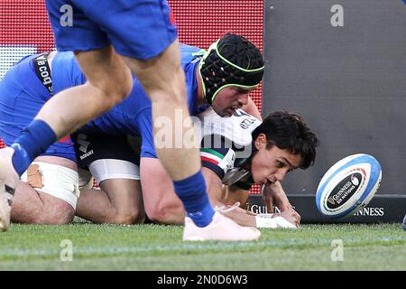 Ange Capuozzo d'Italie a fait un essai pendant les 2023 six Nations, match de rugby entre l'Italie et la France sur 5 février 2023 au Stadio Olimpico à Rome, Italie - photo Federico Proietti / DPPI Banque D'Images