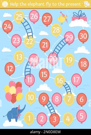 Jeu de table d'anniversaire pour les enfants avec un animal mignon. Jeux de société éducatifs de vacances avec des nuages, des échelles et des ballons. Activité surprise. Aidez le Illustration de Vecteur