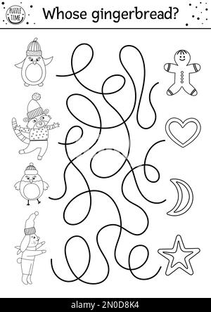 Labyrinthe noir et blanc de Noël pour les enfants. Hiver nouvel an prématernelle activité éducative imprimable. Drôle de jeu de vacances ou de coloriage page avec mignon un Illustration de Vecteur