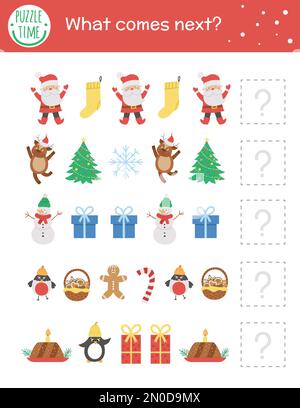 La suite. Activité de Noël assortie pour les enfants d'âge préscolaire avec symboles de vacances traditionnels. Puzzle éducatif amusant. Feuille de travail du questionnaire logique Illustration de Vecteur