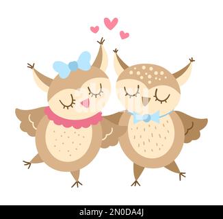Paire de chouettes vectorielles. Illustration d'un couple aimant. Relation d'amour ou concept de famille. Oiseaux romantiques isolés sur fond blanc. Saint Valentin drôle Illustration de Vecteur