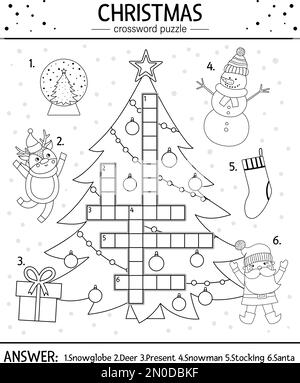 Puzzle noir et blanc de Noël vectoriel pour enfants. Quiz simple avec objets de vacances d'hiver pour les enfants. Activité éducative ou coloriage pag Illustration de Vecteur