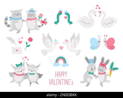 Collection vectorielle de paires d'animaux mignons. Illustration de couples amoureux. Ensemble de concepts de relation d'amour ou de famille. Des cygnes embrassants, des chats, des lapins, des hiboux, dov Illustration de Vecteur