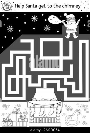 Labyrinthe noir et blanc de Noël pour les enfants. Hiver nouvel an prématernelle activité éducative imprimable. Drôle de jeu de vacances ou page de coloriage avec mignon S Illustration de Vecteur