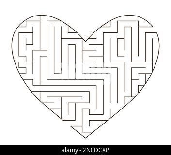 Modèle de labyrinthe vectoriel en forme de cœur. Labyrinthe noir et blanc vierge isolé sur fond blanc. Activité pédagogique imprimable préscolaire ou jeu de samp Illustration de Vecteur