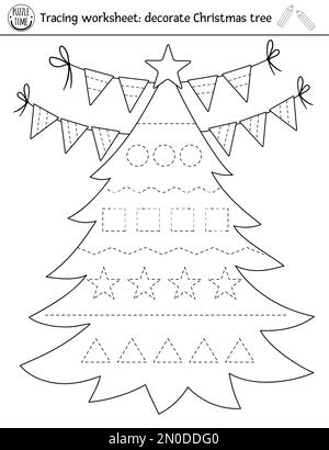 Feuille de travail pratique pour l'écriture manuscrite de Noël. Activité en noir et blanc imprimable en hiver pour les enfants d'âge préscolaire. Jeu de traçage éducatif pour writi Illustration de Vecteur