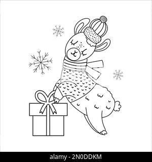 Lama noir et blanc vectoriel en chapeau et foulard avec boîte cadeau et flocons de neige. Jolie ligne d'animal d'hiver avec cadeau dans les mains. Christma drôle Illustration de Vecteur