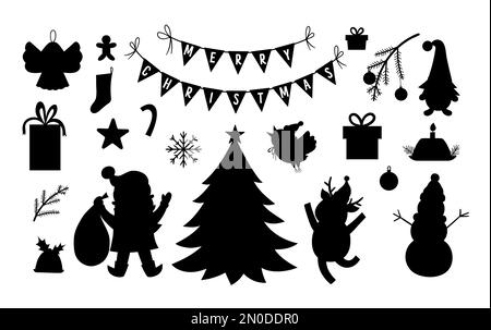 Ensemble vectoriel de silhouettes de Noël noir et blanc avec le Père Noël, le cerf, le sapin, présente isolée sur fond blanc. Icônes d'hiver mignons et drôles i Illustration de Vecteur