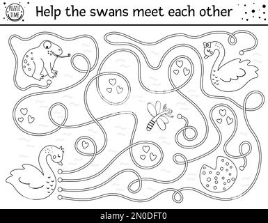 Saint Valentin labyrinthe noir et blanc pour les enfants. Activité imprimable ou page de coloriage pour les fêtes d'âge préscolaire. Jeu amusant avec les oiseaux. Puzzle romantique W Illustration de Vecteur