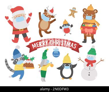 Animaux mignons vecteurs, Père Noël, bonhomme de neige en chapeaux, foulards et chandails portant des masques médicaux. Jeu de caractères hiver avec COVID Protect Illustration de Vecteur