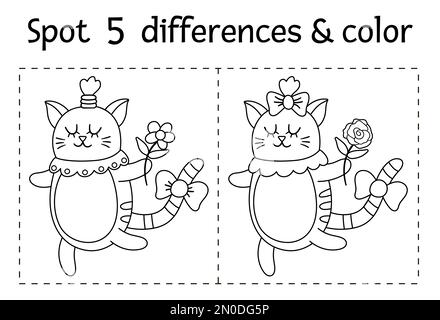 Saint Valentin trouver jeu différences pour les enfants. Page de coloriage et d'activité éducative de vacances en noir et blanc avec chat drôle avec fleur. PRI Illustration de Vecteur