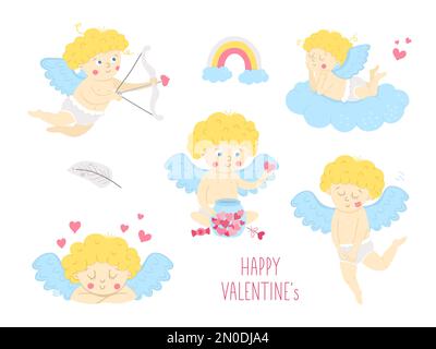 Collection vectorielle de cupids mignon. Ensemble avec des personnages drôles de Saint-Valentin. Les anges d'amour avec des ailes, l'arc et la flèche, allongé sur un nuage, mangeant le coeur sha Illustration de Vecteur