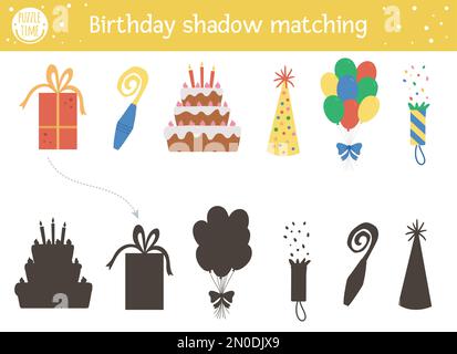 Activité de mise en correspondance des ombres d'anniversaire pour les enfants. Puzzle amusant avec des objets de fête mignons. Jeu éducatif de célébration pour enfants avec symboles de vacances. Rechercher Illustration de Vecteur